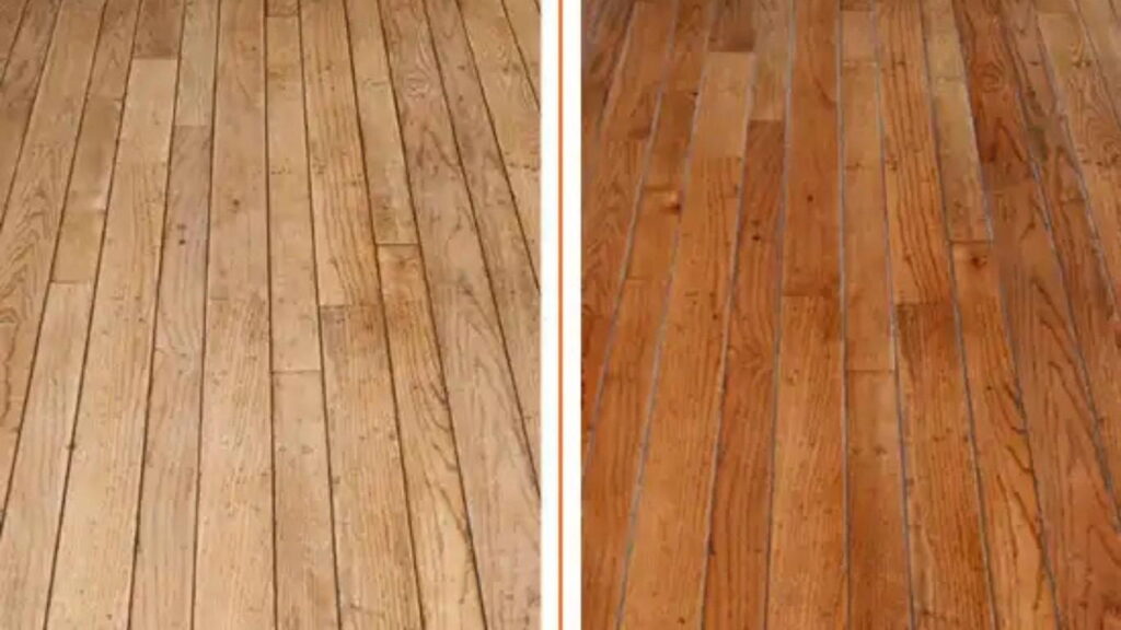 ide-by-side image of hardwood flooring before repair with scratches and fading, and after repair with a smooth, polished finish.