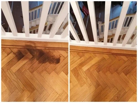 Side-by-side comparison of laminate flooring with burn damage before repair and the same floor fully restored after repair.