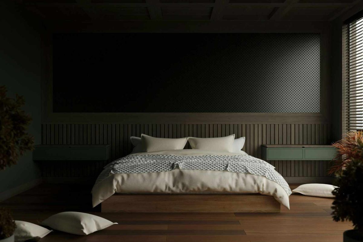 Modern bedroom interior with engineered wooden flooring, low platform bed, and natural light from large windows.